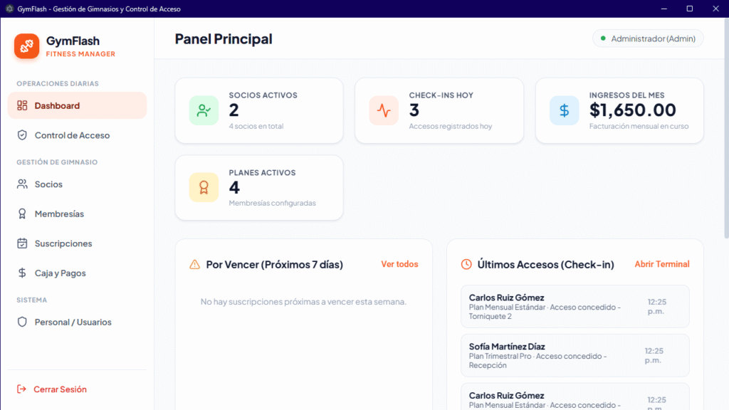 Pagina Principal y Dashboard de GymFlash Gestion de Membresia de Gimnacios